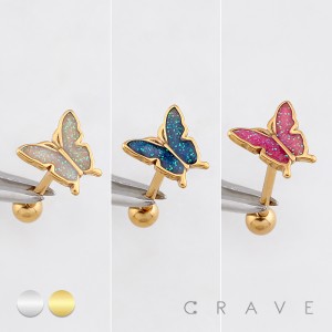 SPARKLING BUTTERFLY GLITTER CHARM 316L SURGICAL STEEL TONGUE BARBELL